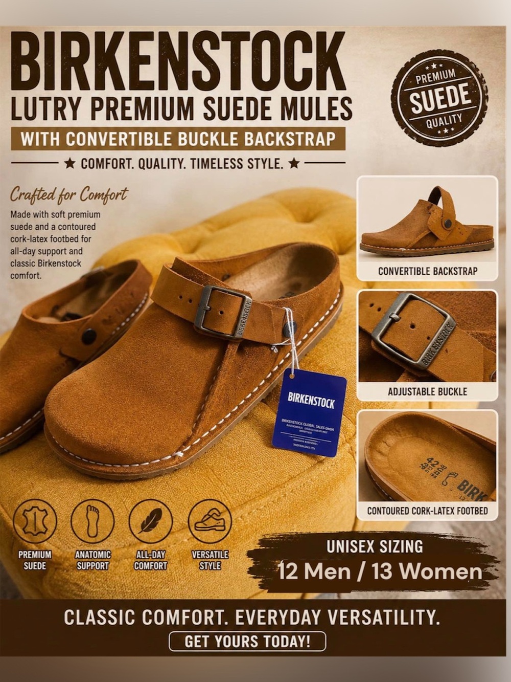 Birkenstock Lutry Premium 365 Suede Slip On Clogs, Size 12 US Mink(Rust)